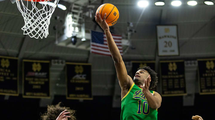 Feb 7, 2026; South Bend, Indiana, USA; Notre Dame Fighting Irish forward Jalen Haralson (10) drives to the basket as Florida State Seminoles guard Lajae Jones (10) defends during the first half at Purcell Pavilion at the Joyce Center. Mandatory Credit: Michael Caterina-Imagn Images Feb 7, 2026; South Bend, Indiana, USA; Notre Dame Fighting Irish forward Jalen Haralson (10) drives to the basket as Florida State Seminoles guard Lajae Jones (10) defends during the first half at Purcell Pavilion at the Joyce Center. Mandatory Credit: Michael Caterina-Imagn Images