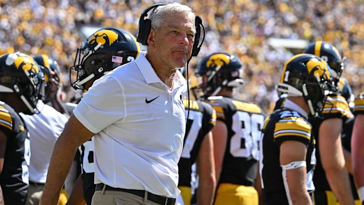Sep 2, 2023; Iowa City, Iowa, USA; Iowa Hawkeyes head coach Kirk Ferentz looks on during the game against the Utah State Aggies at Kinnick Stadium. Mandatory Credit: Jeffrey Becker-Imagn Images