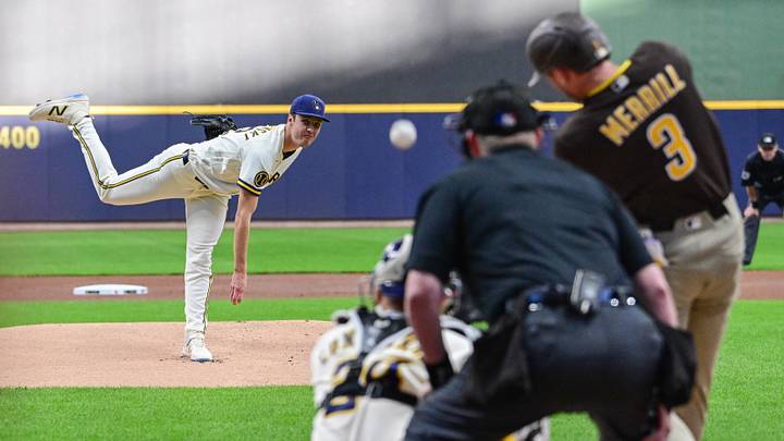 May 13, 2026; Milwaukee, Wisconsin, USA; Milwaukee Brewers starting pitcher Jacob Misiorowski (32) throws a pitch in the first inning to San Diego Padres center fielder Jackson Merrill (3) at American Family Field. Mandatory Credit: Benny Sieu-Imagn Images May 13, 2026; Milwaukee, Wisconsin, USA; Milwaukee Brewers starting pitcher Jacob Misiorowski (32) throws a pitch in the first inning to San Diego Padres center fielder Jackson Merrill (3) at American Family Field. Mandatory Credit: Benny Sieu-Imagn Images