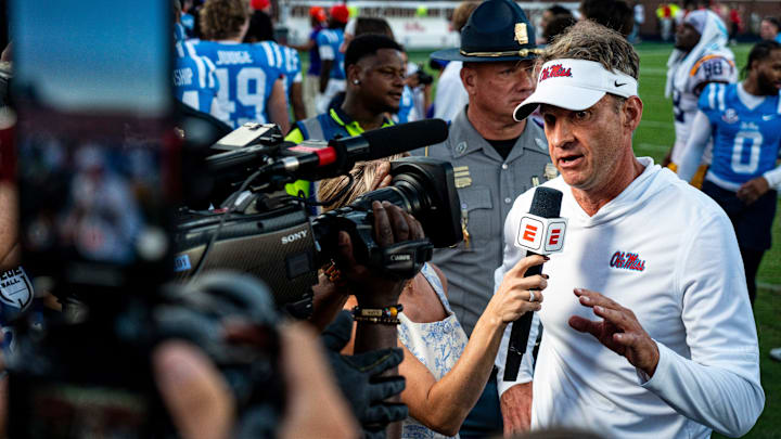 Ole Miss head coach Lane Kiffin takes questions from ESPN after a college football game between Ole Miss and LSU at Vaught-Hemingway Stadium in Oxford, Miss., on Saturday, Sept. 27, 2025. Ole Miss defeated LSU 24-19.