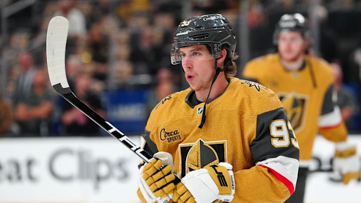 May 12, 2026; Las Vegas, Nevada, USA; Vegas Golden Knights right wing Mitch Marner (93) warms up before the start of game five against the Anaheim Ducks in the second round of the 2026 Stanley Cup Playoffs at T-Mobile Arena. Mandatory Credit: Stephen R. Sylvanie-Imagn Images