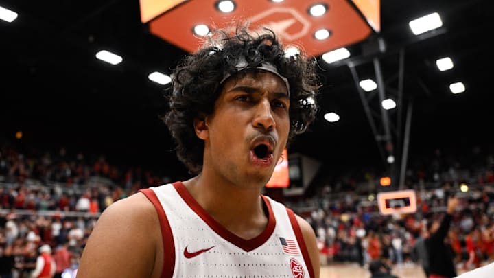 Feb 8, 2025; Stanford, California, USA; Stanford Cardinal guard Ryan Agarwal (11) celebrates after a win against the NC State Wolfpack at Maples Pavilion. Mandatory Credit: Eakin Howard-Imagn Images Feb 8, 2025; Stanford, California, USA; Stanford Cardinal guard Ryan Agarwal (11) celebrates after a win against the NC State Wolfpack at Maples Pavilion. Mandatory Credit: Eakin Howard-Imagn Images