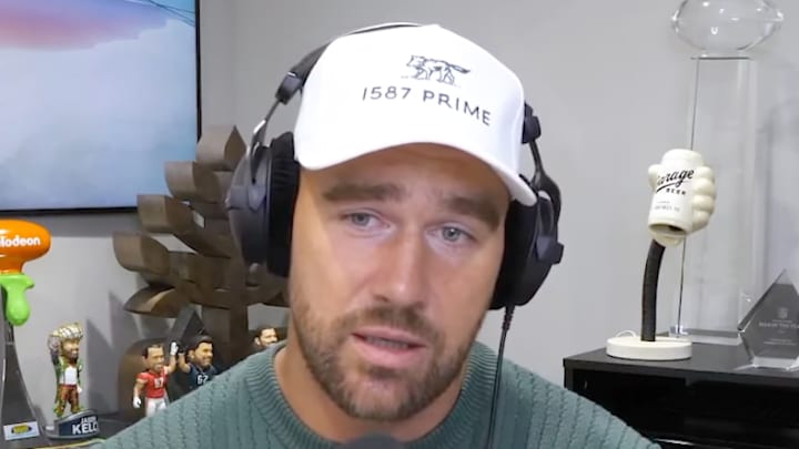 Kansas City Chiefs tight end Travis Kelce speaks with his brother Jason during an episode of the New Heights podcast that aired on November 6, 2024. 