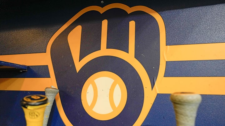 Apr 18, 2025; Milwaukee, Wisconsin, USA;  General view of the Milwaukee Brewers logo in the dugout during batting practice prior to the game against the Athletics at American Family Field. Mandatory Credit: Jeff Hanisch-Imagn Images