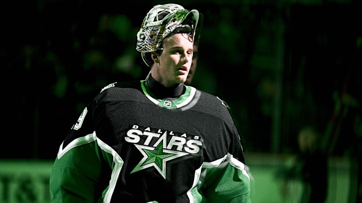 Dec 21, 2025; Dallas, Texas, USA; Dallas Stars goaltender Jake Oettinger (29) is named the number one star in the Stars victory over the Toronto Maple Leafs at the American Airlines Center. Mandatory Credit: Jerome Miron-Imagn Images