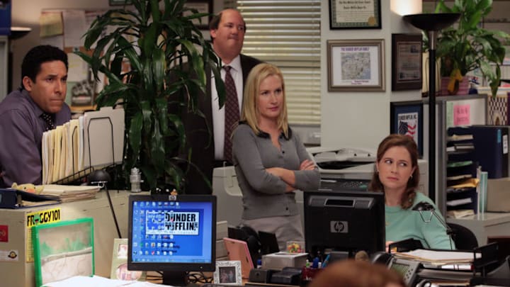 THE OFFICE -- "Junior Salesman" Episode 914 -- Pictured: (l-r) Oscar Nunez as Oscar Martinez, Brian Baumgartner as Kevin Malone, Angela Kinsey as Angela Martin, Jenna Fischer as Pam Beesly 