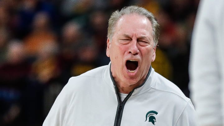 Michigan State head coach Tom Izzo reacts to a play against Purdue during the second half of quarterfinal of Big Ten tournament at Target Center in Minneapolis, Minn. on Friday, March 15, 2024.