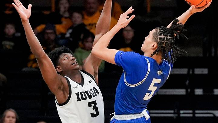 Iowa Hawkeyes guard Drew Thelwell (3) defends a shot attempt by New Orleans Privateers guard James White (5) Sunday, Dec. 15, 2024 at Carver-Hawkeye Arena in Iowa City, Iowa. Iowa Hawkeyes guard Drew Thelwell (3) defends a shot attempt by New Orleans Privateers guard James White (5) Sunday, Dec. 15, 2024 at Carver-Hawkeye Arena in Iowa City, Iowa.