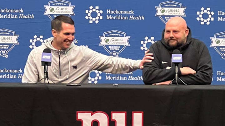 Giants general manager Joe Schoen jokes with head coach Brian Daboll during Monday's end-of-season joint news conference.

Daboll Schoen