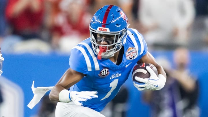 Jan 8, 2026; Glendale, AZ, USA; Mississippi Rebels wide receiver De'Zhaun Stribling (1) against the Miami Hurricanes during the 2026 Fiesta Bowl and semifinal game of the College Football Playoff at State Farm Stadium. Mandatory Credit: Mark J. Rebilas-Imagn Images