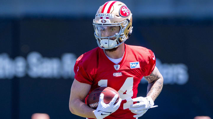 May 10, 2024; Santa Clara, CA, USA; San Francisco 49ers rookie wide receiver Ricky Pearsall (14) runs drills during the 49ers rookie minicamp at Levi’s Stadium in Santa Clara, CA. Mandatory Credit: Robert Kupbens-USA TODAY Sports