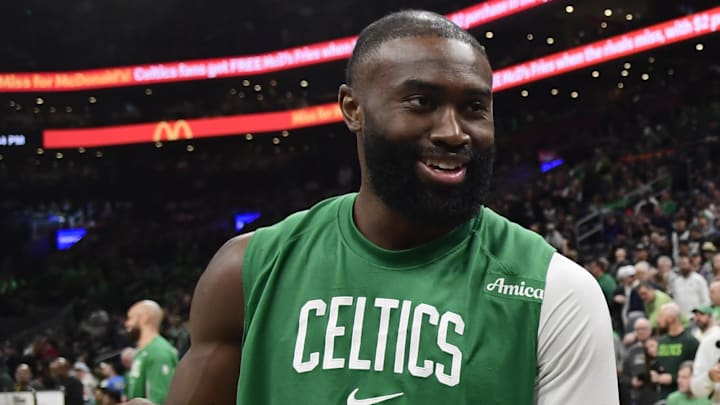 Mar 22, 2026; Boston, Massachusetts, USA;  Boston Celtics guard Jaylen Brown (7) and former Celtics Paul Pierce talk before a game against the Minnesota Timberwolves at TD Garden. Mandatory Credit: Bob DeChiara-Imagn Images
