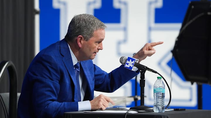 Outgoing Kentucky Athletic Director Mitch Barnhart was honored at his retirement ceremony at the Historic Memorial Coliseum in Lexington, Kentucky. Barnhart became UK's AD in 2002. March 6, 2026.
