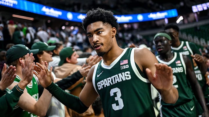 Michigan State's Jaden Akins slaps hands with fans after the Spartans victory over Niagara on Thursday, Nov. 7, 2024, at the Breslin Center in East Lansing.
