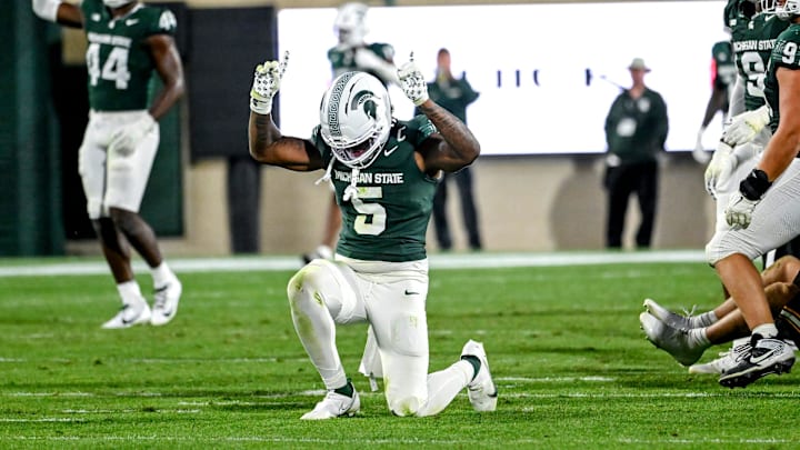 Michigan State's Jordan Hall celebrates after a play against Western Michigan's during the third quarter on Friday, Aug. 29, 2025, in East Lansing.