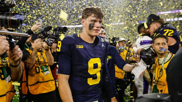 Michigan quarterback J.J. McCarthy celebrates after the 34-13 win over Washington to win the National Championship.