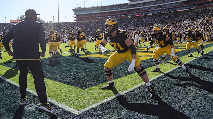 Michigan players warm up ahead of the Rose Bowl