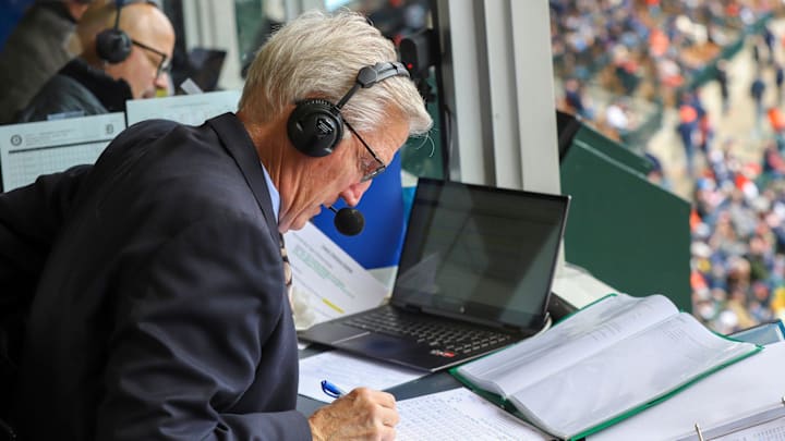Radio announcer Dan Dickerson works from the booth calling the Detroit Tigers Opening day game against the Oakland Athletics at Comerica Park in Detroit on Friday, April 5, 2024.