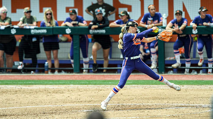 Clemson senior Reese Basinger (7) pitches to Kentucky during the bottom of the fourth inning of the NCAA Softball Clemson Regional at McWhorter Stadium in Clemson Sunday, May 18, 2025.