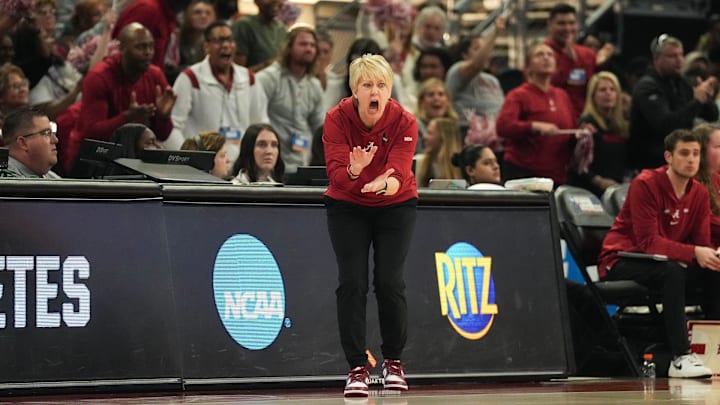 Alabama head coach Kristy Curry cheers as Alabama takes on Florida State in round one of the NCAA women's basketball tournament at the Moody Center in Austin Friday, March 22, 2024.