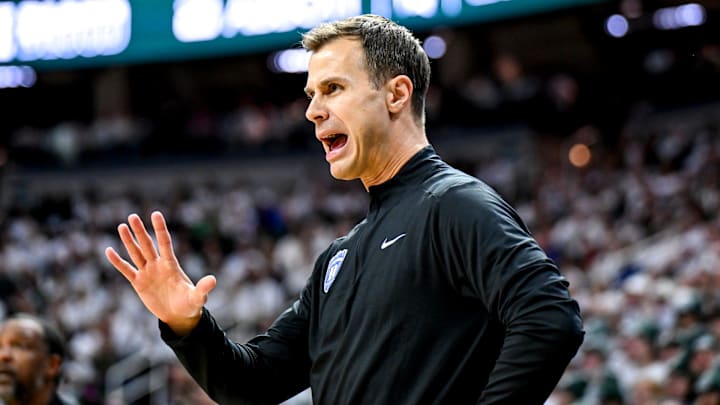 Duke's head coach Jon Scheyer calls out to players during the first half in the game against Michigan State on Saturday, Dec. 6, 2025, at the Breslin Center in East Lansing. Duke's head coach Jon Scheyer calls out to players during the first half in the game against Michigan State on Saturday, Dec. 6, 2025, at the Breslin Center in East Lansing.