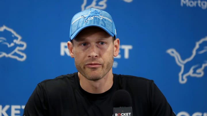 Detroit Lions offensive coordinator Ben Johnson talks with reporters before training camp on Wednesday, July 26, 2023, in Allen Park.