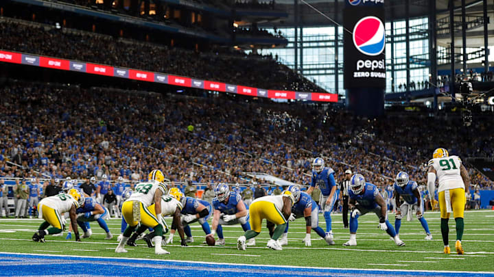 Detroit Lions quarterback Jared Goff (16) waits for a snap at the line of scrimmage against the Green Bay Packers at Ford Field.