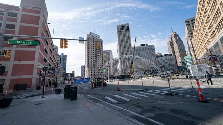 The NFL Draft stage near Cadillac Square and Campus Martius in Detroit.