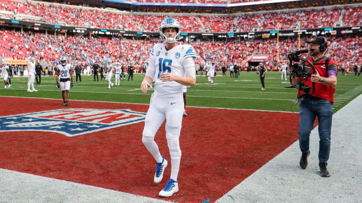 Lions quarterback Jared Goff waits to cheer for teammates during warmups before the NFC championship. Lions quarterback Jared Goff waits to cheer for teammates during warmups before the NFC championship.