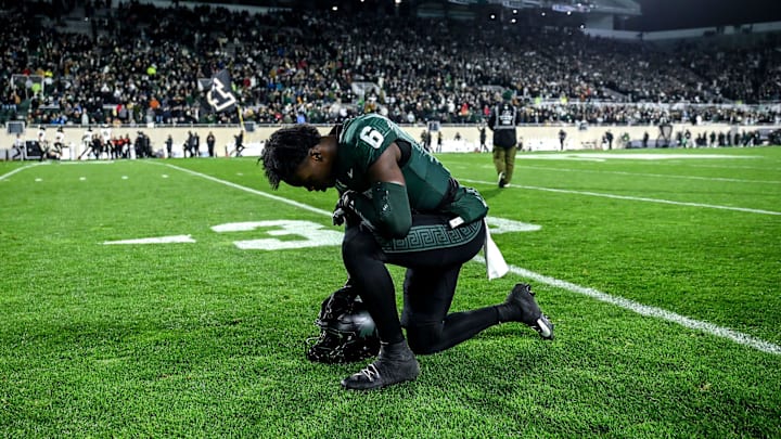 Michigan State's Nick Marsh takes a moment alone before the football game against Purdue on Friday, Nov. 22, 2024, at Spartan Stadium in East Lansing. Michigan State's Nick Marsh takes a moment alone before the football game against Purdue on Friday, Nov. 22, 2024, at Spartan Stadium in East Lansing.