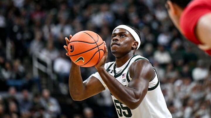 Michigan State's Coen Carr shoots a free throw against Nebraska during the first half on Saturday, Dec. 7, 2024, at the Breslin Center in East Lansing.
