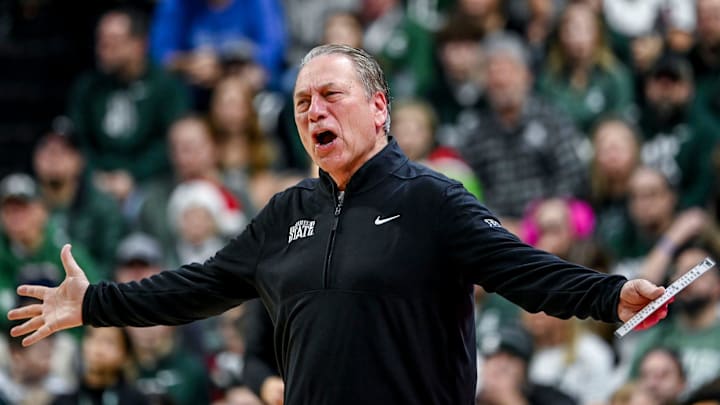 Michigan State's head coach Tom Izzo calls out to players during the first half in the game against Florida Atlantic on Saturday, Dec. 21, 2024, in East Lansing.