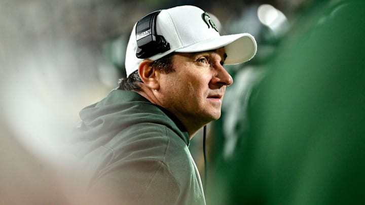Michigan State's head coach Jonathan Smith looks on during the fourth quarter in the game against Iowa on Saturday, Oct. 19, 2024, at Spartan Stadium in East Lansing. Michigan State's head coach Jonathan Smith looks on during the fourth quarter in the game against Iowa on Saturday, Oct. 19, 2024, at Spartan Stadium in East Lansing.