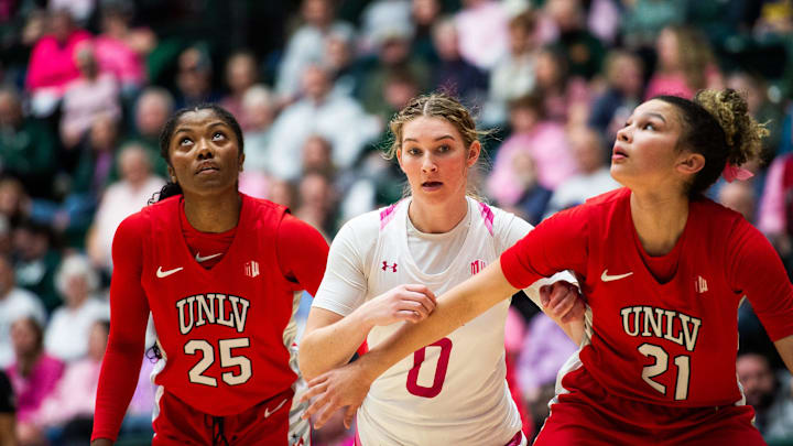 Colorado State's Kaylee Headrick waits for a rebound during a home game at Moby Arena against UNLV on Saturday, Feb. 22, 2025 in Fort Collins, Colo.