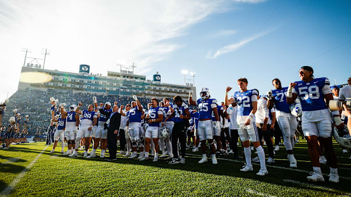 BYU celebrates a win over Arizona BYU celebrates a win over Arizona