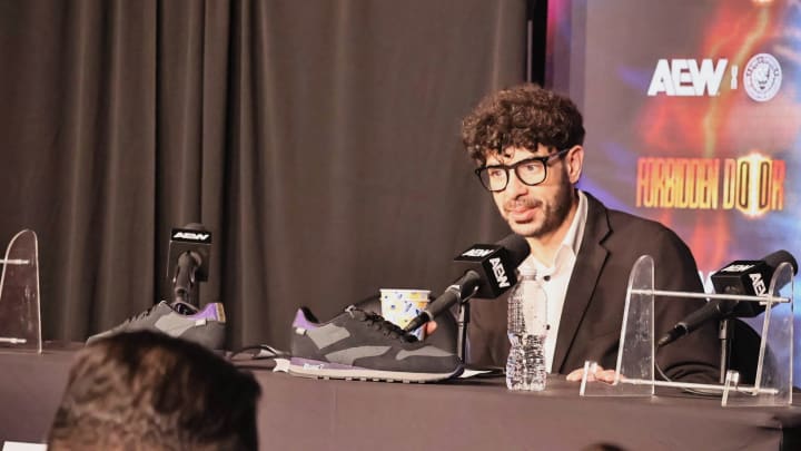 Tony Khan takes questions from the media during the AEW Forbidden Door 2024 post-event scrum.