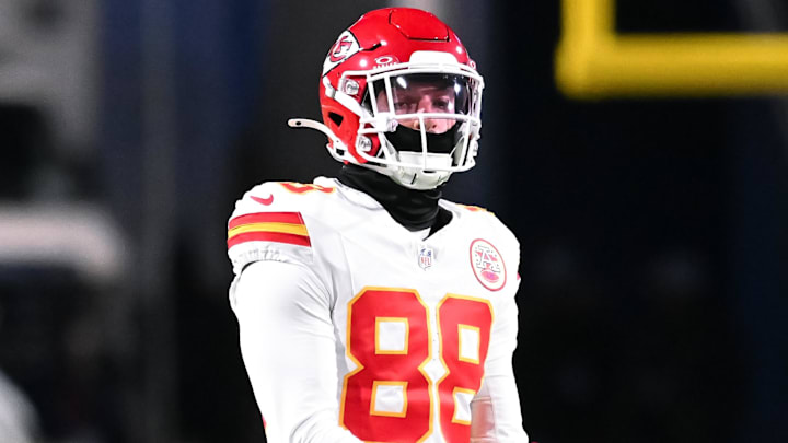 Nov 17, 2024; Orchard Park, New York, USA; Kansas City Chiefs tight end Peyton Hendershot (88) on the field in the first quarter against the Buffalo Bills at Highmark Stadium. Mandatory Credit: Mark Konezny-Imagn Images
