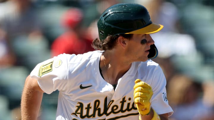 Sep 14, 2025; West Sacramento, California, USA; Athletics center fielder Colby Thomas (32) watches the ball go over the fence for a solo home run against the Cincinnati Reds during the fourth inning at Sutter Health Park. Mandatory Credit: Dennis Lee-Imagn Images