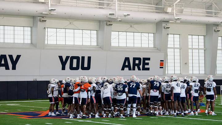 Auburn Tigers football team huddles up during practice at Woltosz Football Performance Center in Auburn, Ala. on Thursday, April 16, 2026.