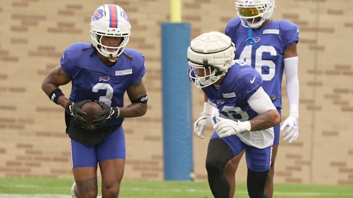 Buffalo Bills safety Damar Hamlin is closely guarded by safety Darrick Forrest during Bills Training Camp at St. John Fisher University in Pittsford on July 31, 2025. Buffalo Bills safety Damar Hamlin is closely guarded by safety Darrick Forrest during Bills Training Camp at St. John Fisher University in Pittsford on July 31, 2025.