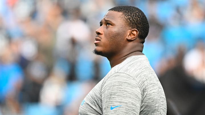 Aug 8, 2025; Charlotte, North Carolina, USA; Carolina Panthers defensive end Derrick Brown (95) on the field before the game at Bank of America Stadium