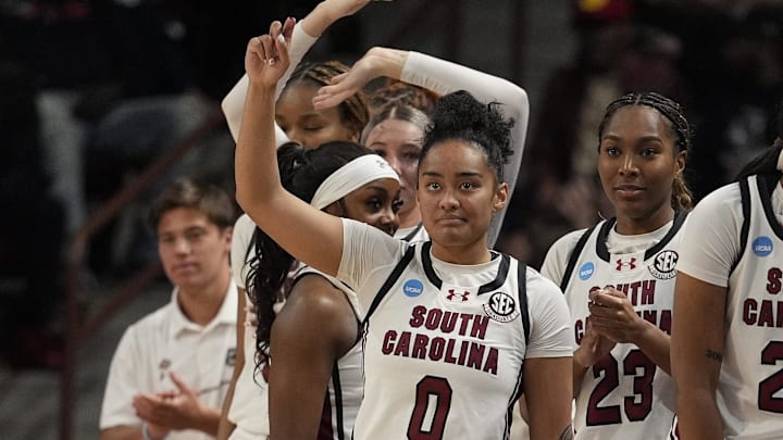South Carolina Gamecocks bench reacts to their offense against the Tennessee Tech Golden Eagles during the second half  at Colonial Life Arena.