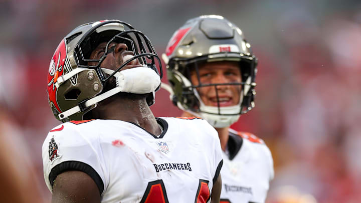Sep 8, 2024; Tampa, Florida, USA; Tampa Bay Buccaneers wide receiver Chris Godwin (14) reacts after a play against the Washington Commanders in the fourth quarter at Raymond James Stadium. Mandatory Credit: Nathan Ray Seebeck-Imagn Images Sep 8, 2024; Tampa, Florida, USA; Tampa Bay Buccaneers wide receiver Chris Godwin (14) reacts after a play against the Washington Commanders in the fourth quarter at Raymond James Stadium. Mandatory Credit: Nathan Ray Seebeck-Imagn Images