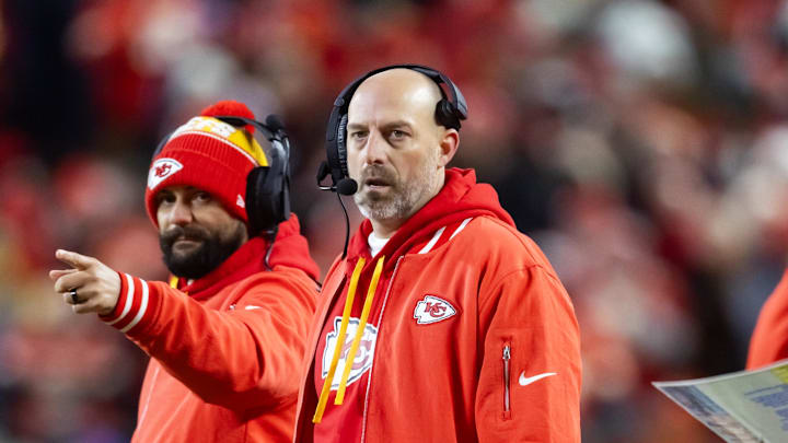 Jan 26, 2025; Kansas City, MO, USA; Kansas City Chiefs offensive coordinator Matt Nagy (right) and wide receivers coach Connor Embree against the Buffalo Bills in the AFC Championship game at GEHA Field at Arrowhead Stadium. Mandatory Credit: Mark J. Rebilas-Imagn Images