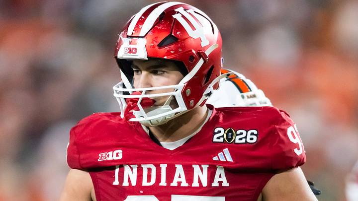 Jan 19, 2026; Miami Gardens, FL, USA; Indiana Hoosiers defensive lineman Mario Landino (97) against the Miami Hurricanes in the College Football Playoff National Championship game at Hard Rock Stadium. Mandatory Credit: Mark J. Rebilas-Imagn Images