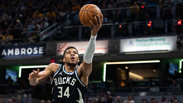Apr 22, 2025; Indianapolis, Indiana, USA: Milwaukee Bucks forward Giannis Antetokounmpo (34) shoots the ball  during game two of first round for the 2024 NBA Playoffs against the Indiana Pacers at Gainbridge Fieldhouse. Mandatory Credit: Trevor Ruszkowski-Imagn Images