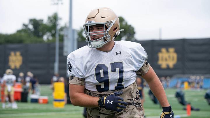 Gabriel Rubio DL of the Fighting Irish at Notre Dame football practice at the Irish Athletic Center on August 7, 2023. Gabriel Rubio DL of the Fighting Irish at Notre Dame football practice at the Irish Athletic Center on August 7, 2023.