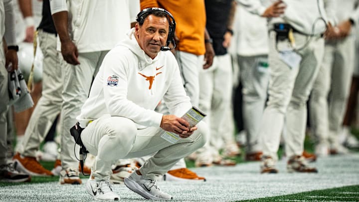 Texas Longhorns head coach Steve Sarkisian looks downfield while coaching in the second quarter as the Texas Longhorns play the Arizona State Sun Devils in the Peach Bowl College Football Playoff quarterfinal at Mercedes-Benz Stadium in Atlanta, Georgia, Jan. 1, 2025.