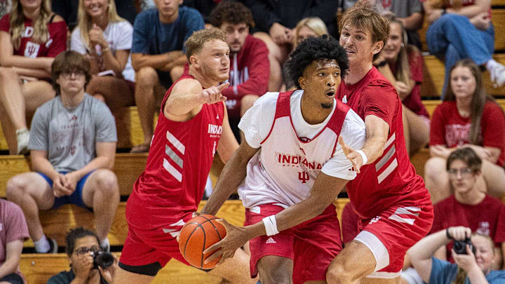 Indiana's Sam Alexis (4) looks to pass during the Cream and Crimson scrimmage at Simon Skjodt Assembly Hall on Friday, Oct. 3, 2025.