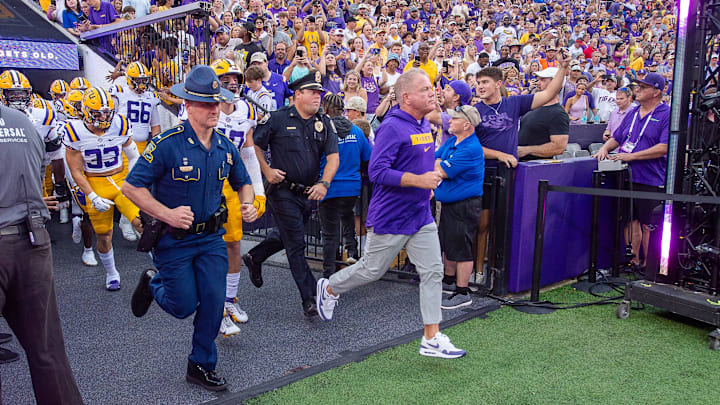 Head Coach Brian Kelly takes the field as the LSU Tigers take on the Nicholls Colonels at Tiger Stadium in Baton Rouge, LA. Saturday, Sept. 7, 2024.